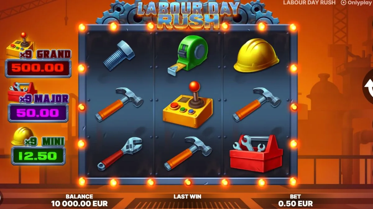 Tampilan visual slot Labour Day Rush dengan tema industri dan alat-alat pabrik