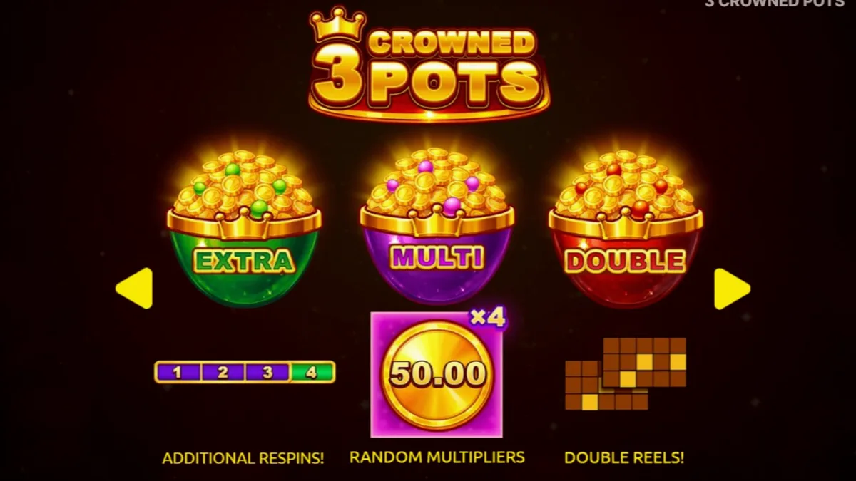 Tampilan visual slot 3 Crowned Pots dengan simbol buah dan pot bonus emas