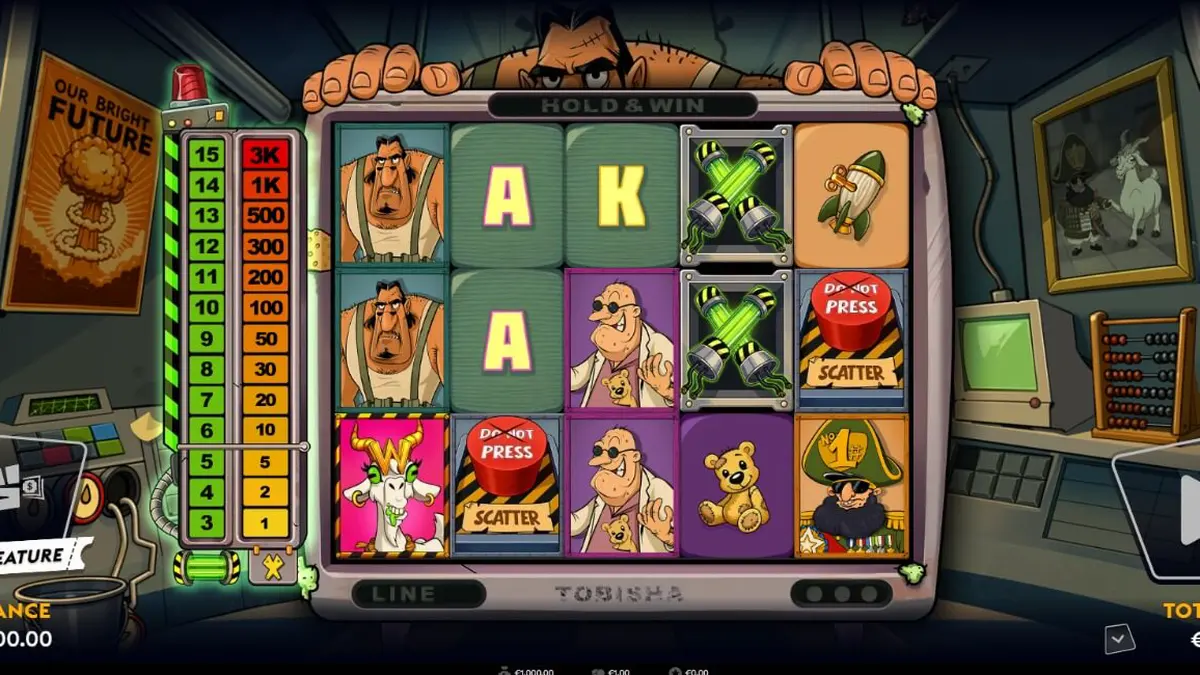 Tampilan visual slot Enriched dengan tema nuklir retro-futuristik